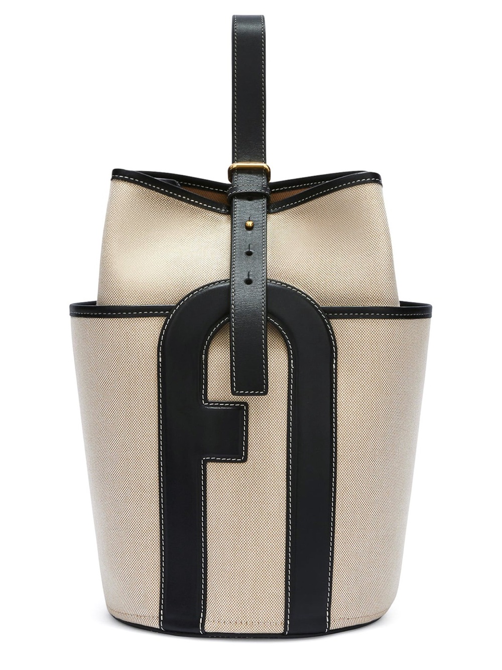 Furla Canvas Bucket Bag with Black Leather Trim - Beige and Black
